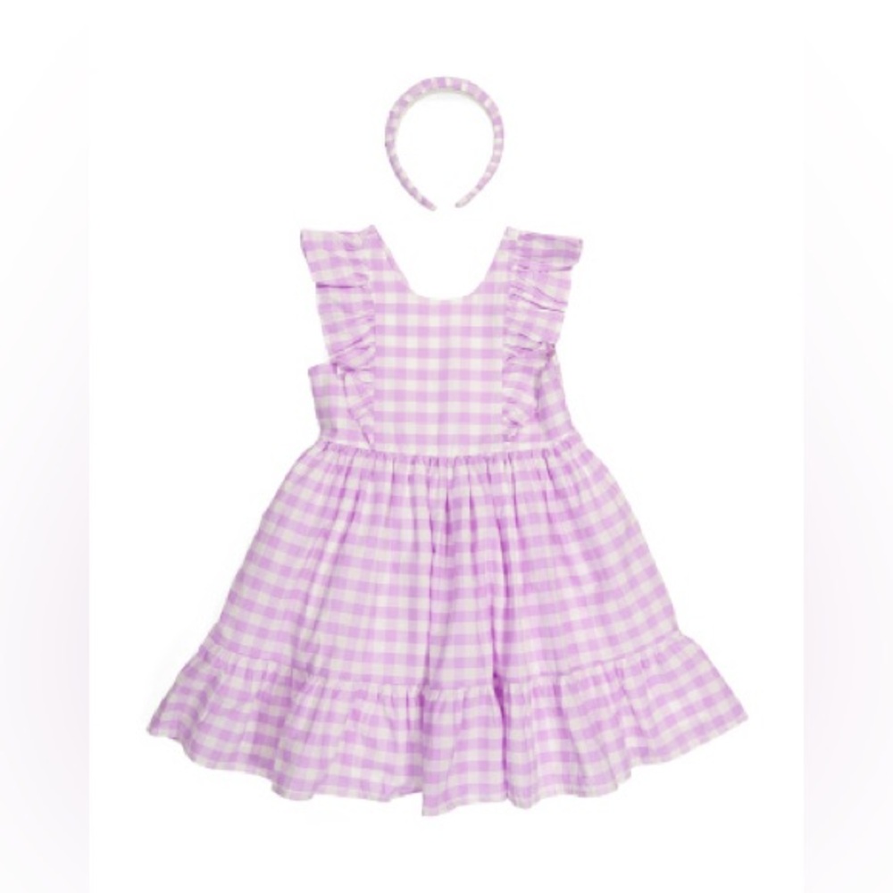 Girls Flutter Sleeve Gingham Ruffles Dress With Bow Size 5